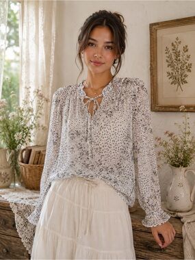 Joie Cottagecore Fairy Floral Metallic Tie Neck Sheer Blouse Size XS